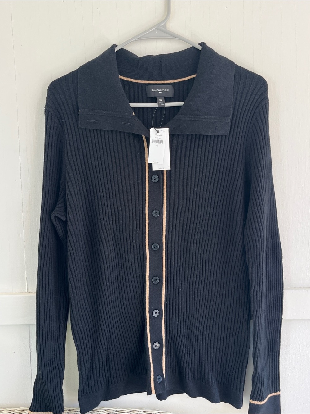 Banana Republic Black Ribbed Cardigan with Tan Trim